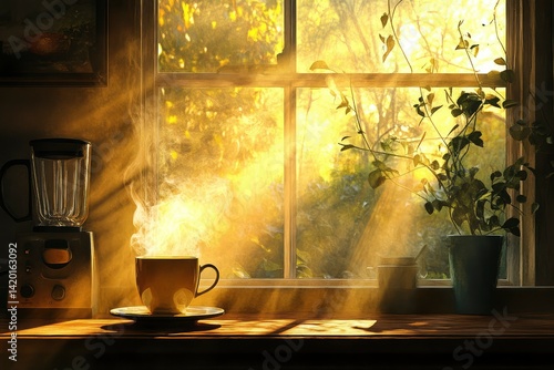 A steaming cup of coffee lit by soft morning light streaming through a kitchen window.