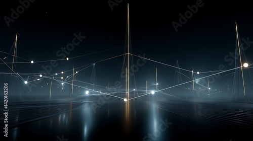 Glowing Network Node Landscape with Lines and Reflections in the Dark Digital Space.