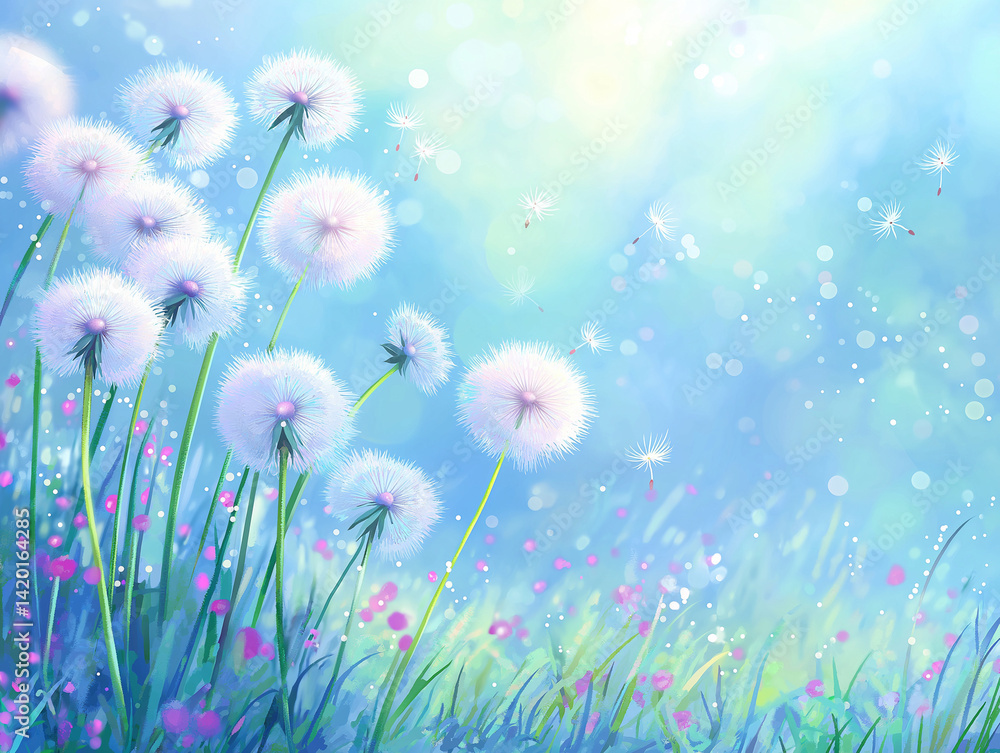 Dandelion seed puffs in a field.