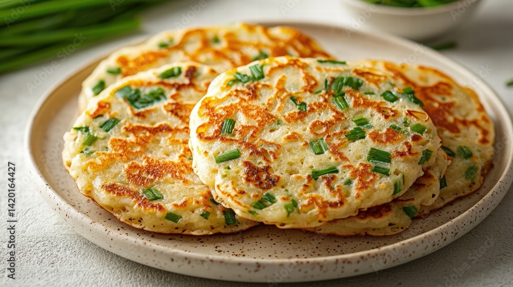 Delicious crispy golden hash browns with chopped green onions served on a rustic ceramic plate perfect for breakfast or brunch Delicious crispy golden hash browns with chopped green onions served on a rustic ceramic plate perfect for breakfast or brunch