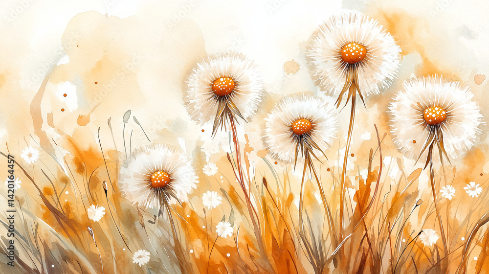 Dandelion seed puffs in a field.