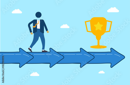 Path to Success Illustration. Conceptual illustration of a businessman walking on a path of arrows towards a golden trophy. Businessman, Arrows, Trophy.