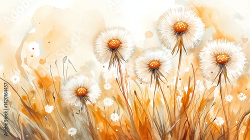 Dandelion seed puffs in a field. 