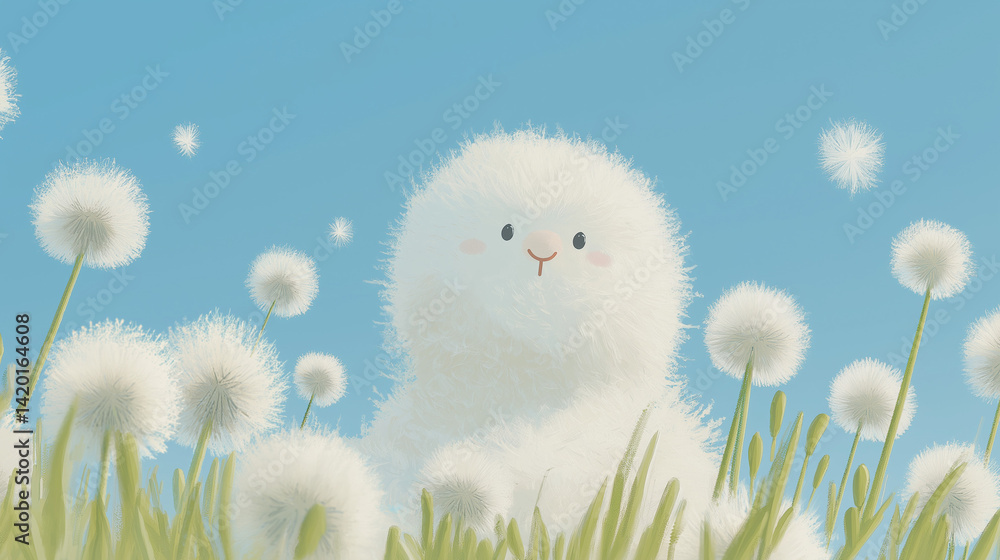 Dandelion seed puffs in a field with a cute fantasy creature.