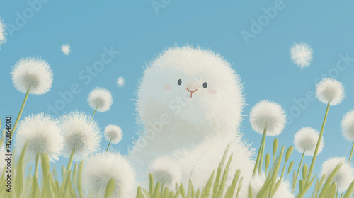 Dandelion seed puffs in a field with a cute fantasy creature. 