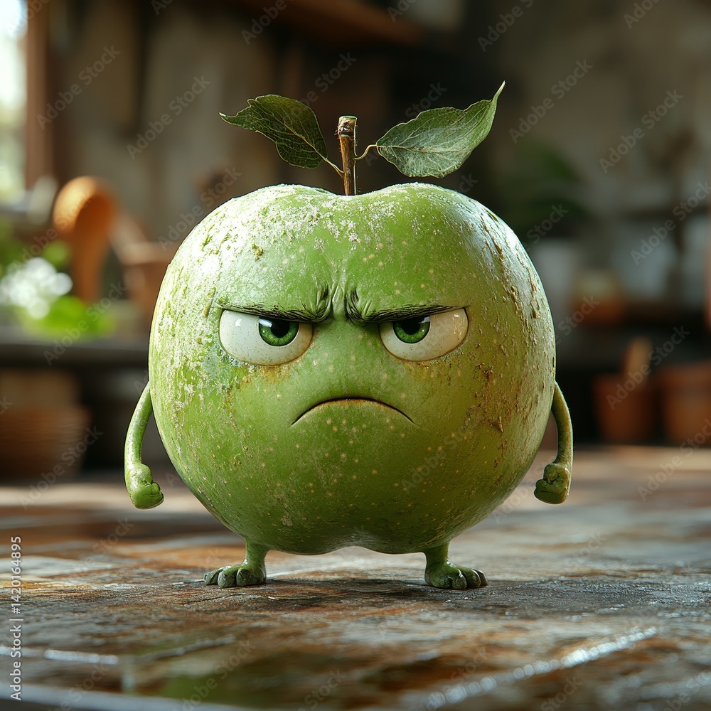 A cartoon apple with a green stem and a green face