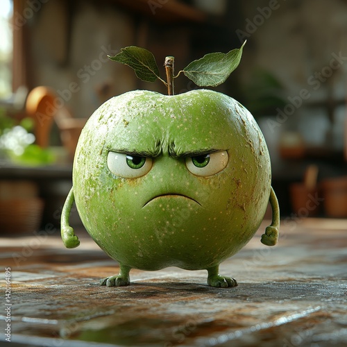 A cartoon apple with a green stem and a green face