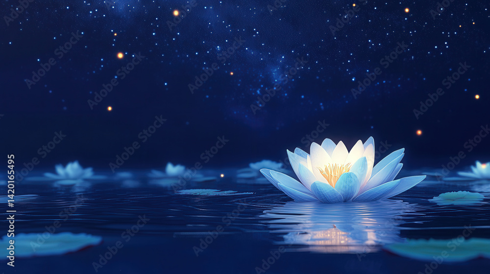 Lotuses floating on water under a starry night sky Lotuses floating on water under a starry night sky
