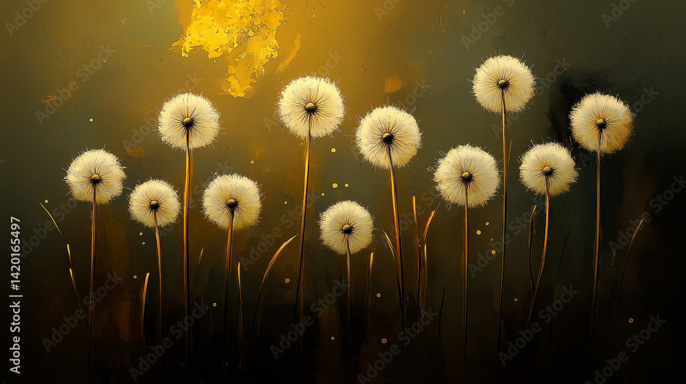 Dandelion seed puffs in a field at sunset.