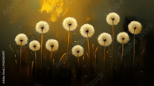 Obraz na płótnie Dandelion seed puffs in a field at sunset. w salonie