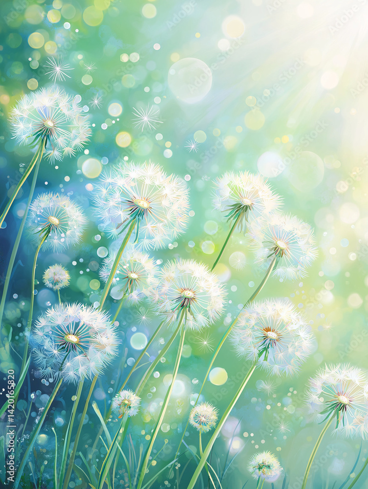 Dandelion seed puffs in a field.