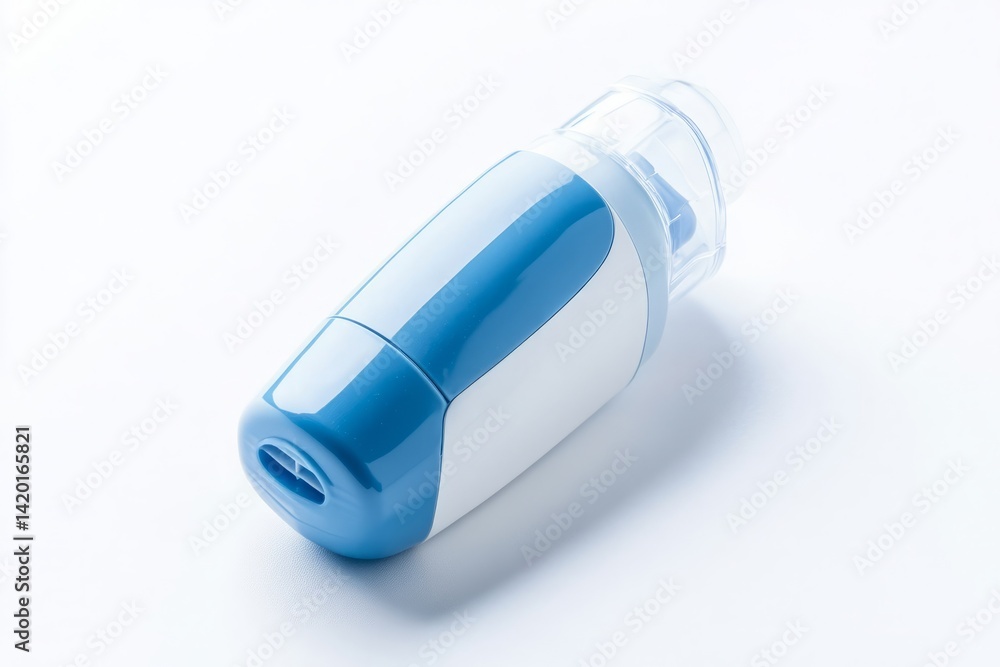Blue and White Metered Dose Inhaler Medical Device on White Background Blue and White Metered Dose Inhaler Medical Device on White Background