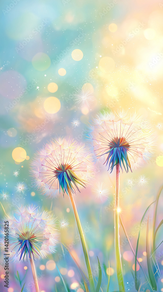 Dandelion seed puffs in a field.