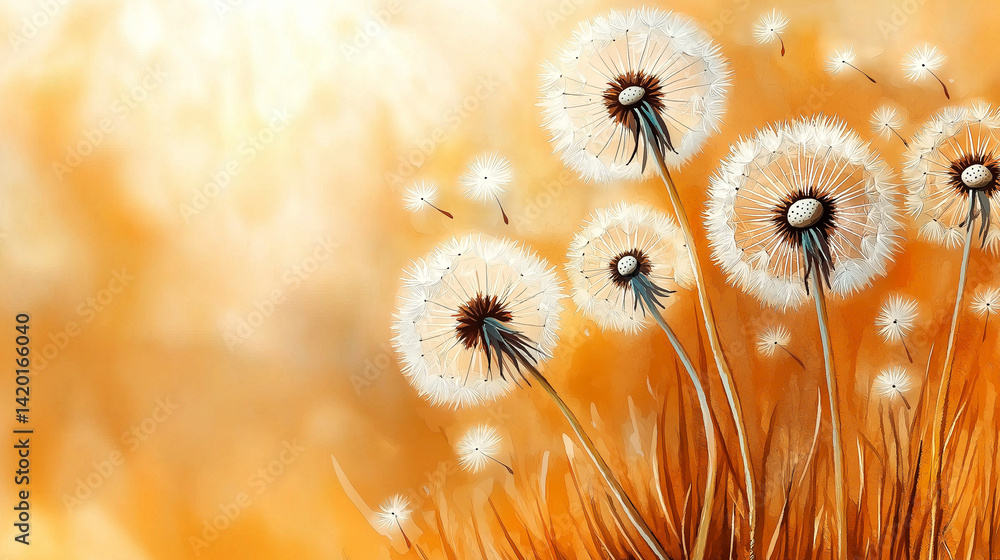 Dandelion seed puffs in a field.