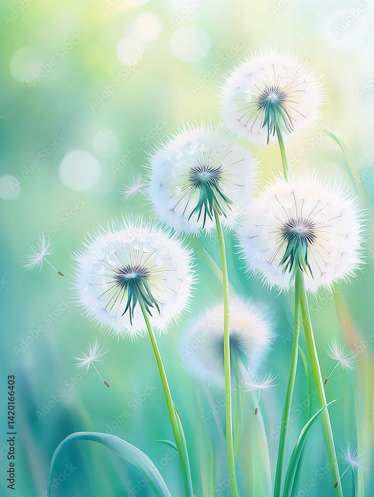 Dandelion seed puffs in a field.