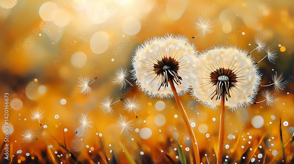 Dandelion seed puffs in a field.