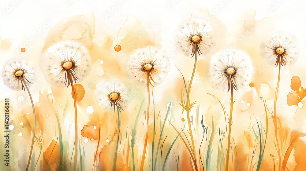 Dandelion seed puffs in a field.