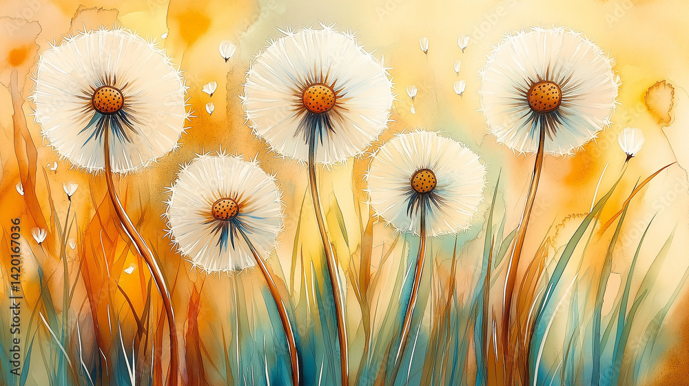 Dandelion seed puffs in a field.