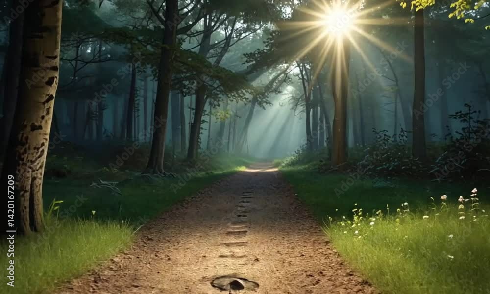 Pathway through trees with sun rays shining down