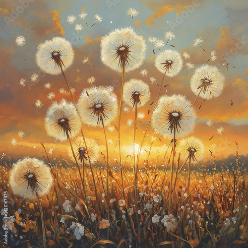 Dandelion seed puffs in a field at sunset. 