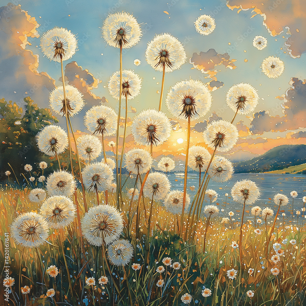 Dandelion seed puffs in a field.