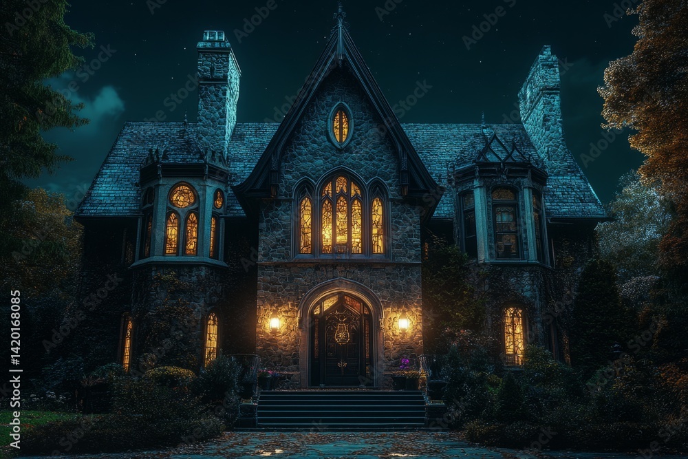 Stone gothic revival mansion illuminated at night with warm lights emanating from windows, creating a mysterious and enchanting atmosphere Stone gothic revival mansion illuminated at night with warm lights emanating from windows, creating a mysterious and enchanting atmosphere