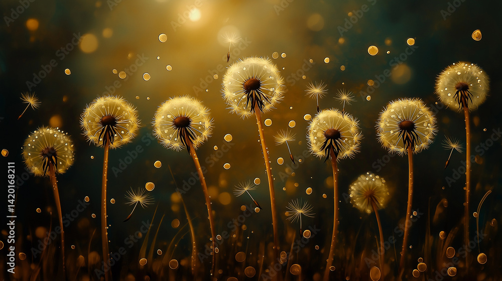 Dandelion seed puffs in a field at sunset.