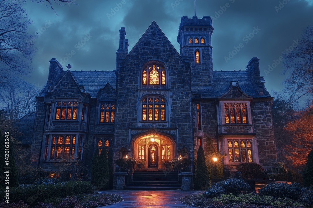 Obraz premium Warm lights emanating from the windows of a stately stone castle create a captivating scene against the twilight sky