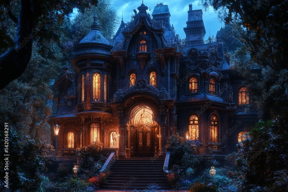 Obraz premium Victorian-era mansion glows warmly at twilight, nestled among trees and gardens, creating a scene of mystery and elegance