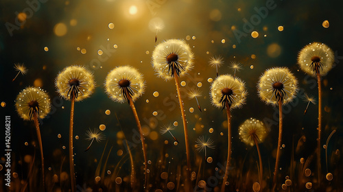 Obraz na płótnie Dandelion seed puffs in a field at sunset. w salonie