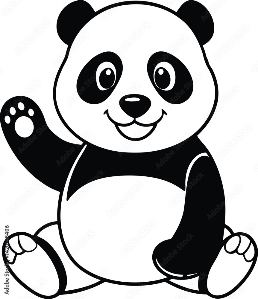 Adorable Panda Illustration Sitting and Waving With a Cheerful Expression Adorable Panda Illustration Sitting and Waving With a Cheerful Expression