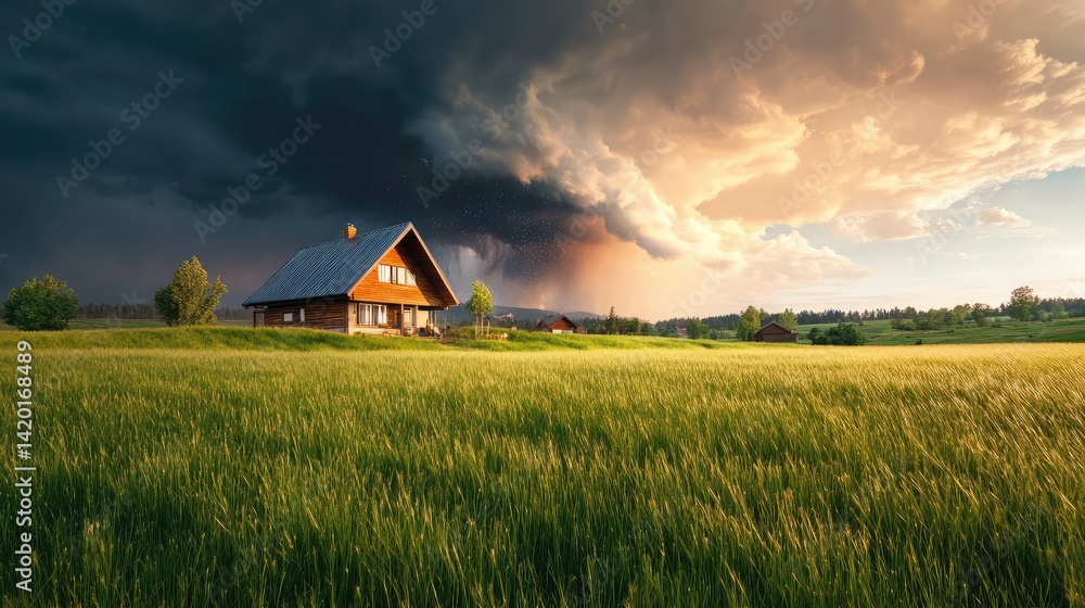 Hailstorm pounding a home, roof visibly breaking under pressure, dramatic sky Hailstorm pounding a home, roof visibly breaking under pressure, dramatic sky