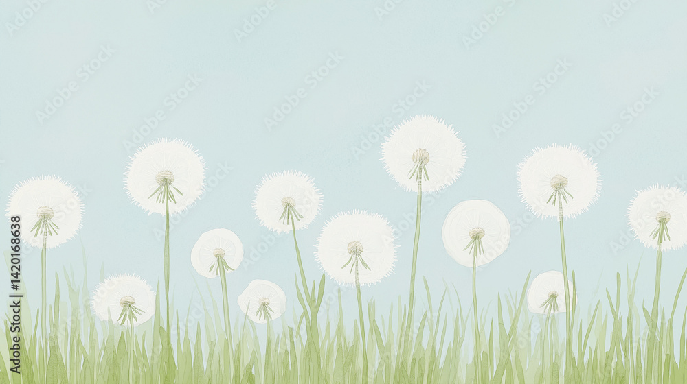 Dandelion seed puffs in a field.