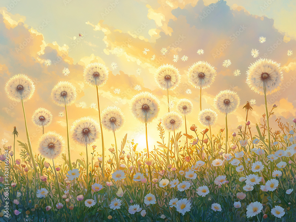 Dandelion seed puffs in a field.
