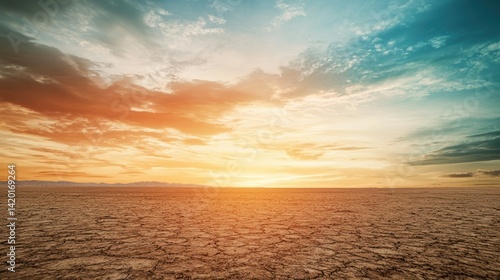 A breathtaking desert sky with a gradient of colors at sunset, contrasting with the barren land below.