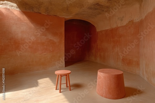 Rustic terracotta interior space with simple furniture