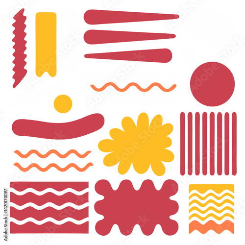 A playful collection of abstract shapes in sunny yellow and warm terracotta hues, evoking joy and a sense of carefree design.