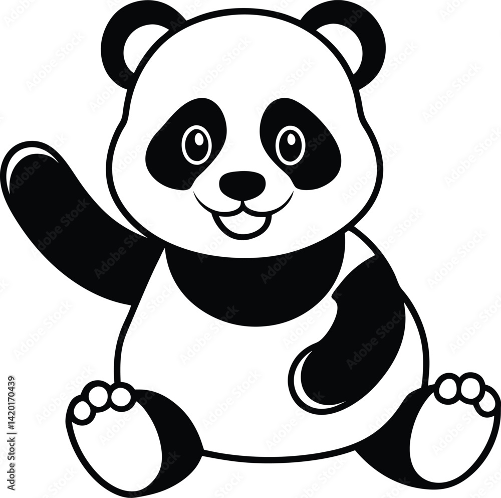 Fototapeta premium Adorable Panda Illustration Sitting and Waving With a Cheerful Expression