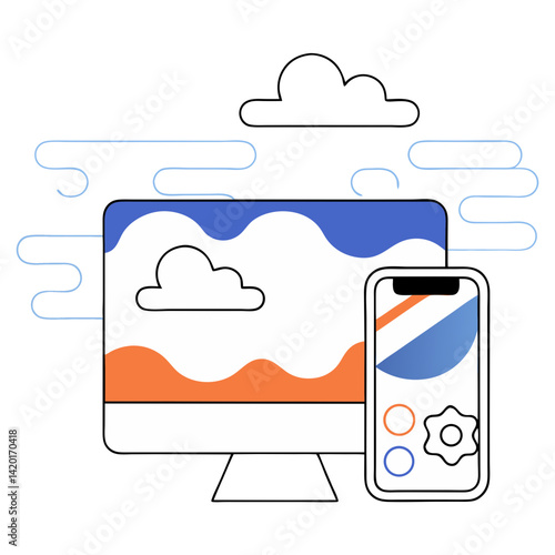 A serene landscape displayed on a desktop and mobile, showcasing effortless cross-device synchronization with a simple, clean design and soft color palette.