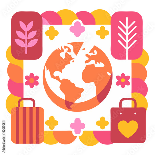 A vibrant globe surrounded by travel bags and flourishing plants signifying global adventures and sustainable travel with bold flat color design and playful shapes.