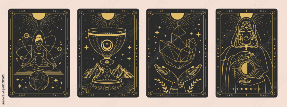 Fototapeta premium Set of Modern magic witchcraft cards with wizard, goblet, hands with crystal and girl in meditation. Line art occult vector illustration