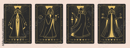 Set of Modern magic witchcraft cards with witch or female figure in a wizard robe. Occult Line art vector illustration