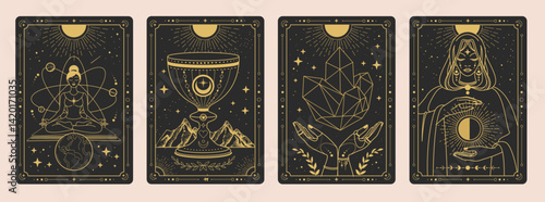 Set of Modern magic witchcraft cards with wizard, goblet, hands with crystal and girl in meditation. Line art occult vector illustration