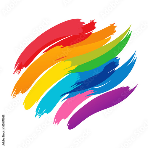 A vibrant rainbow arc of bold brushstrokes celebrating diversity and inclusion with a dynamic, energetic style.