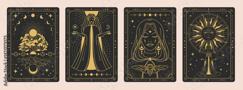 Set of Modern magic witchcraft cards with wizard, oak, the Four elements, sun and moon. Line art occult vector illustration
