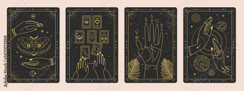 Set of Modern magic witchcraft cards with wizard hands, tarot cards, solar system, fortune telling and butterfly. Line art occult vector illustration