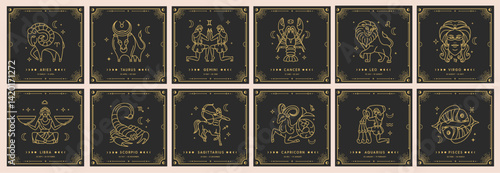 Set of Modern magic witchcraft cards with astrology zodiac signs. Zodiac characteristic. Zodiac icons. Vector illustration
