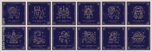 Set of Modern magic witchcraft cards with astrology zodiac signs. Zodiac characteristic. Zodiac icons. Vector illustration