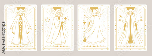 Set of Modern magic witchcraft cards with witch or female figure in a wizard robe. Occult Line art vector illustration