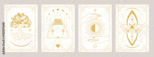 Set of Modern magic witchcraft cards with wizard, oak, hands, butterfly, sun and moon. Line art occult vector illustration